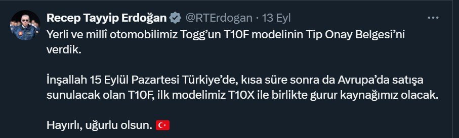 Togg Erdoğan X Paylaşımı